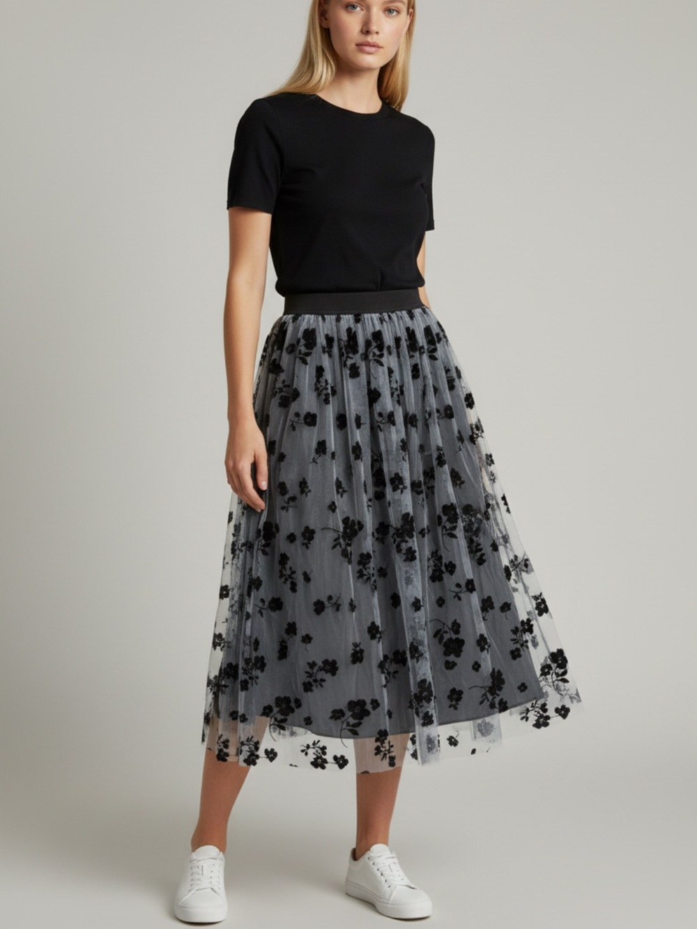 SHEIN Black Floral Midi Tulle Skirt on Light Gray